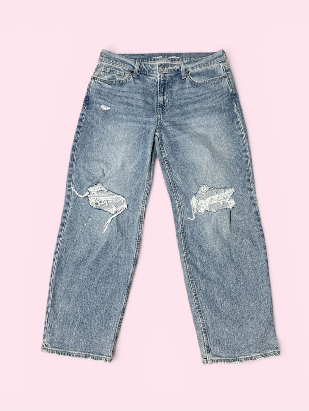 Distressed Mid-Rise Boyfriend Loose Jeans Light Blue Size 8
